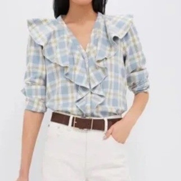 Tuckernuck Women's Ruffle V-Neck Plaid Shirt Blue NWT Size M Classic Soft Blouse